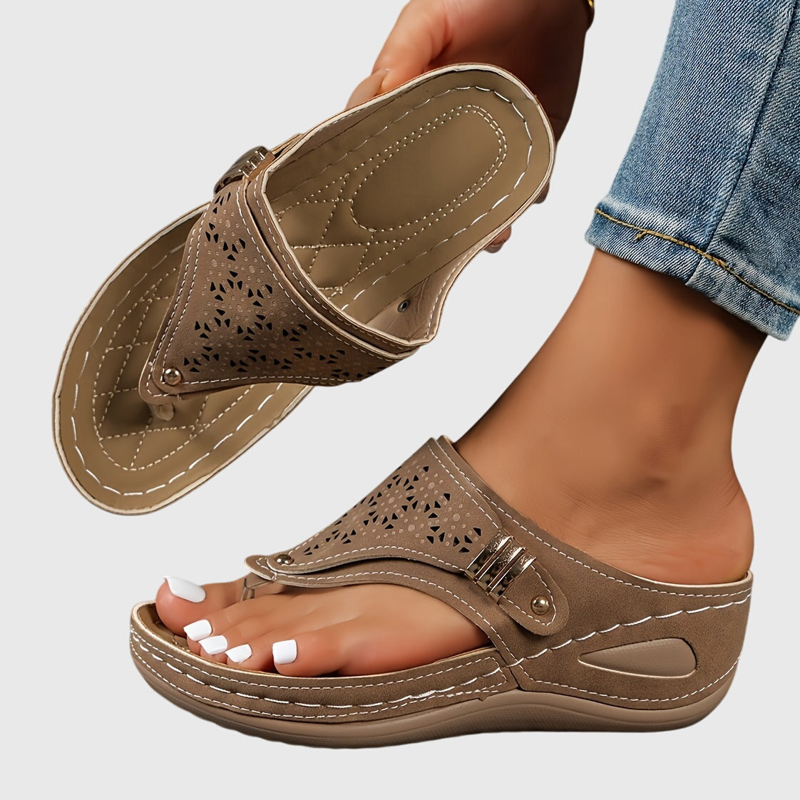 Laser Cut Toe Loop Buckle Strap Wedge Sandal
