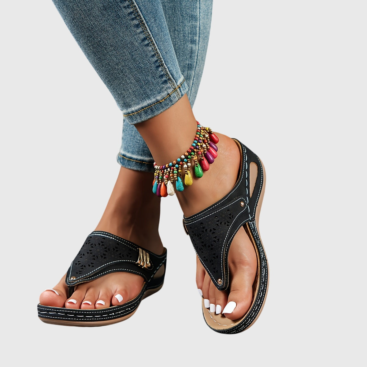 Laser Cut Toe Loop Buckle Strap Wedge Sandal