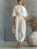 Asymmetric Drape Top and Elasticated Waist Linen Pant Set