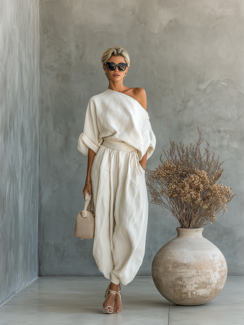Asymmetric Drape Top and Elasticated Waist Linen Pant Set