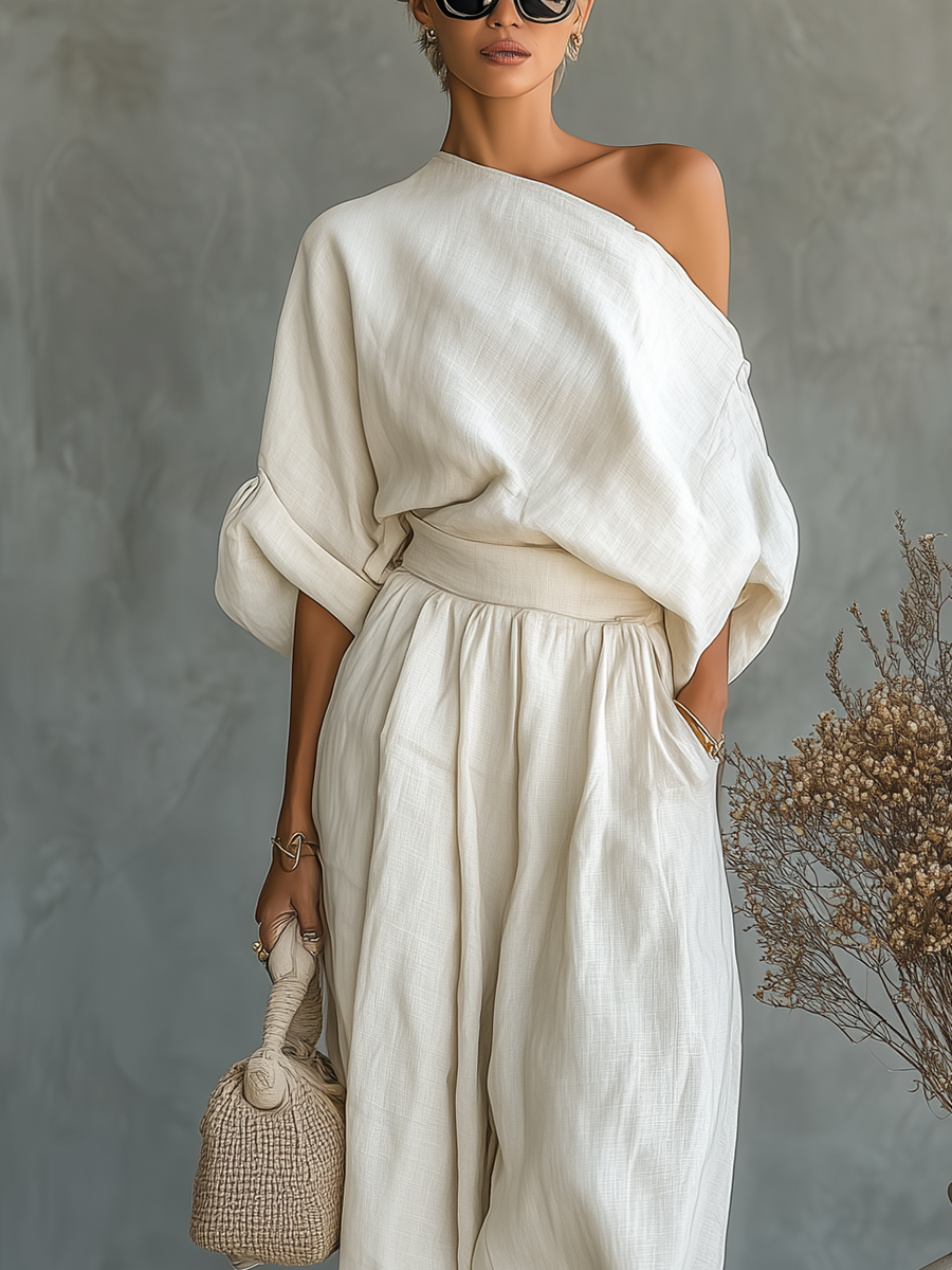 Asymmetric Drape Top and Elasticated Waist Linen Pant Set