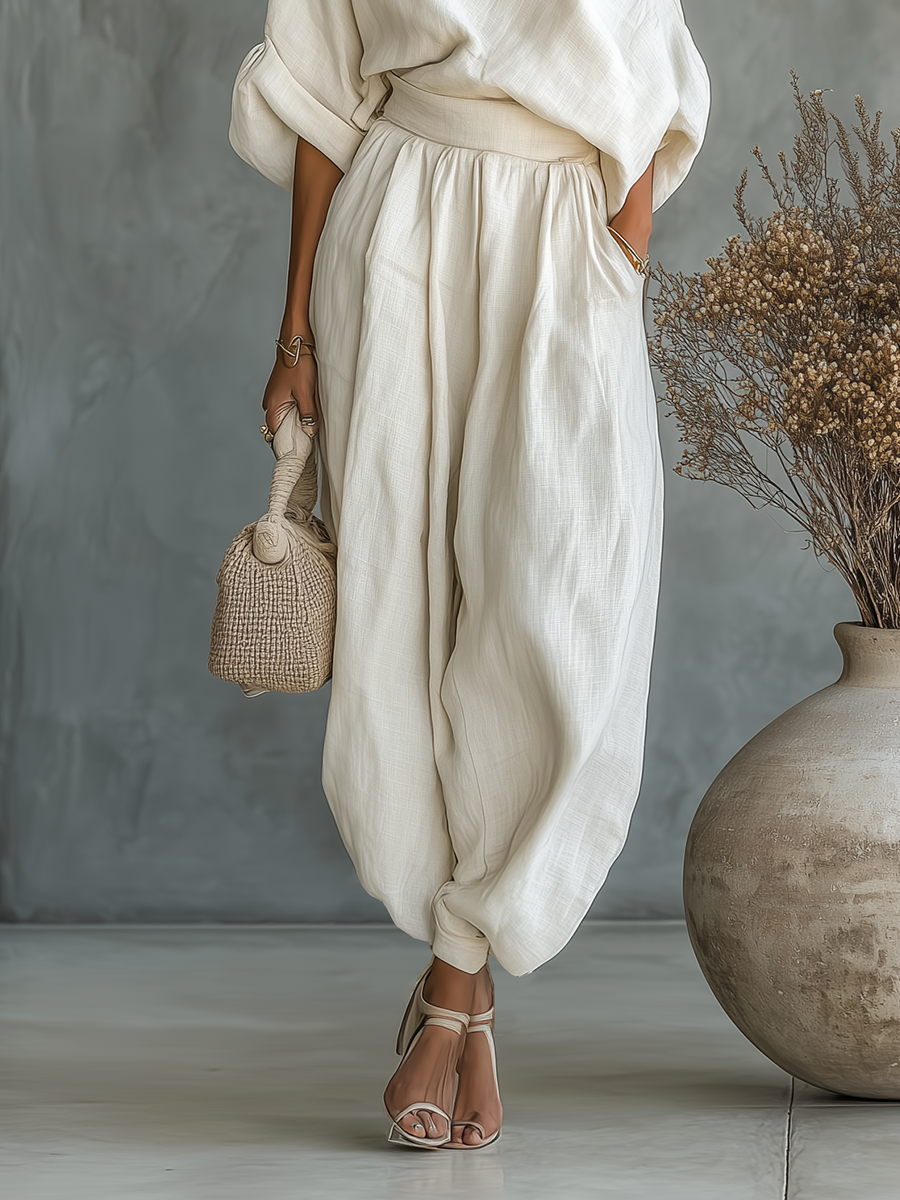 Asymmetric Drape Top and Elasticated Waist Linen Pant Set