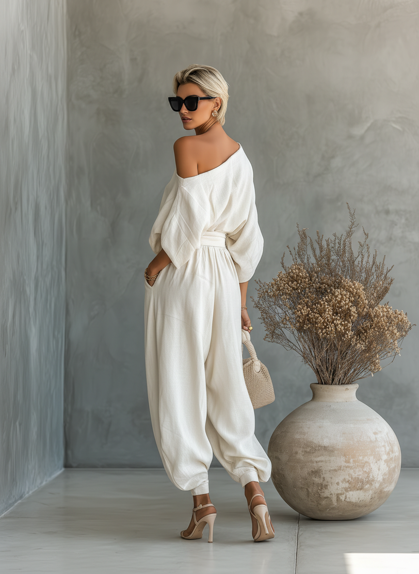 Asymmetric Drape Top and Elasticated Waist Linen Pant Set