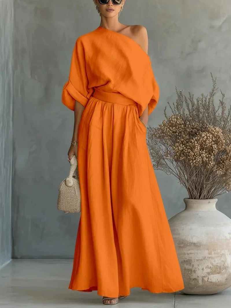 Asymmetric Drape Top and Elasticated Waist Linen Pant Set