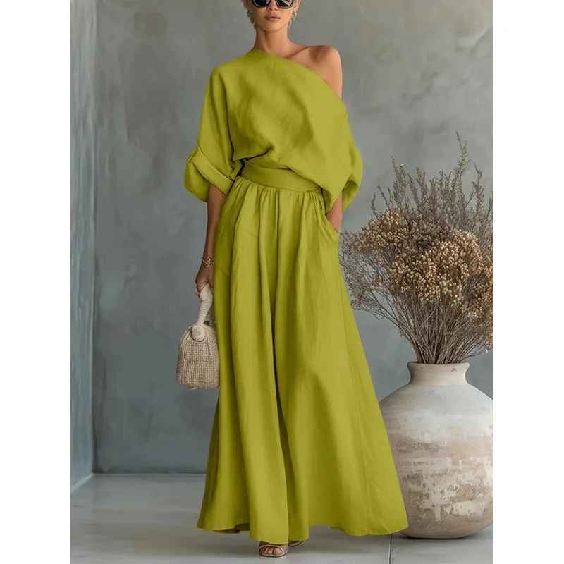 Asymmetric Drape Top and Elasticated Waist Linen Pant Set