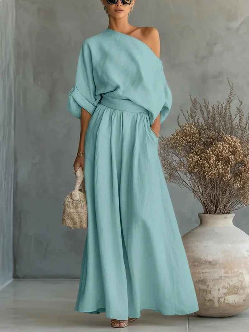 Asymmetric Drape Top and Elasticated Waist Linen Pant Set