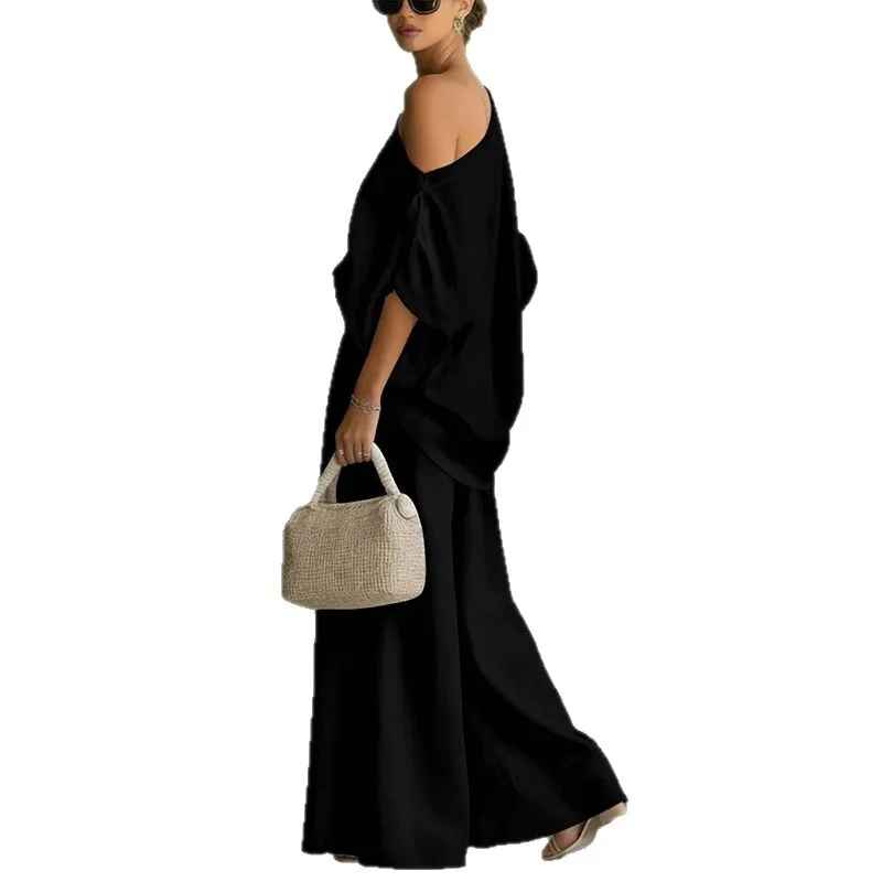 Asymmetric Drape Top and Elasticated Waist Linen Pant Set