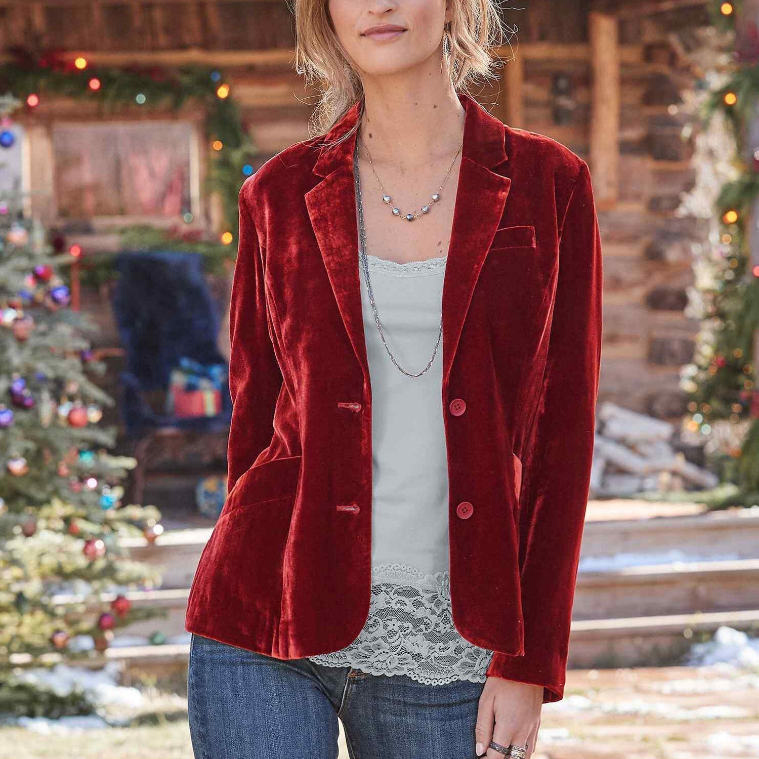 Velvet Notch Lapel Single Breasted Tailored Blazer