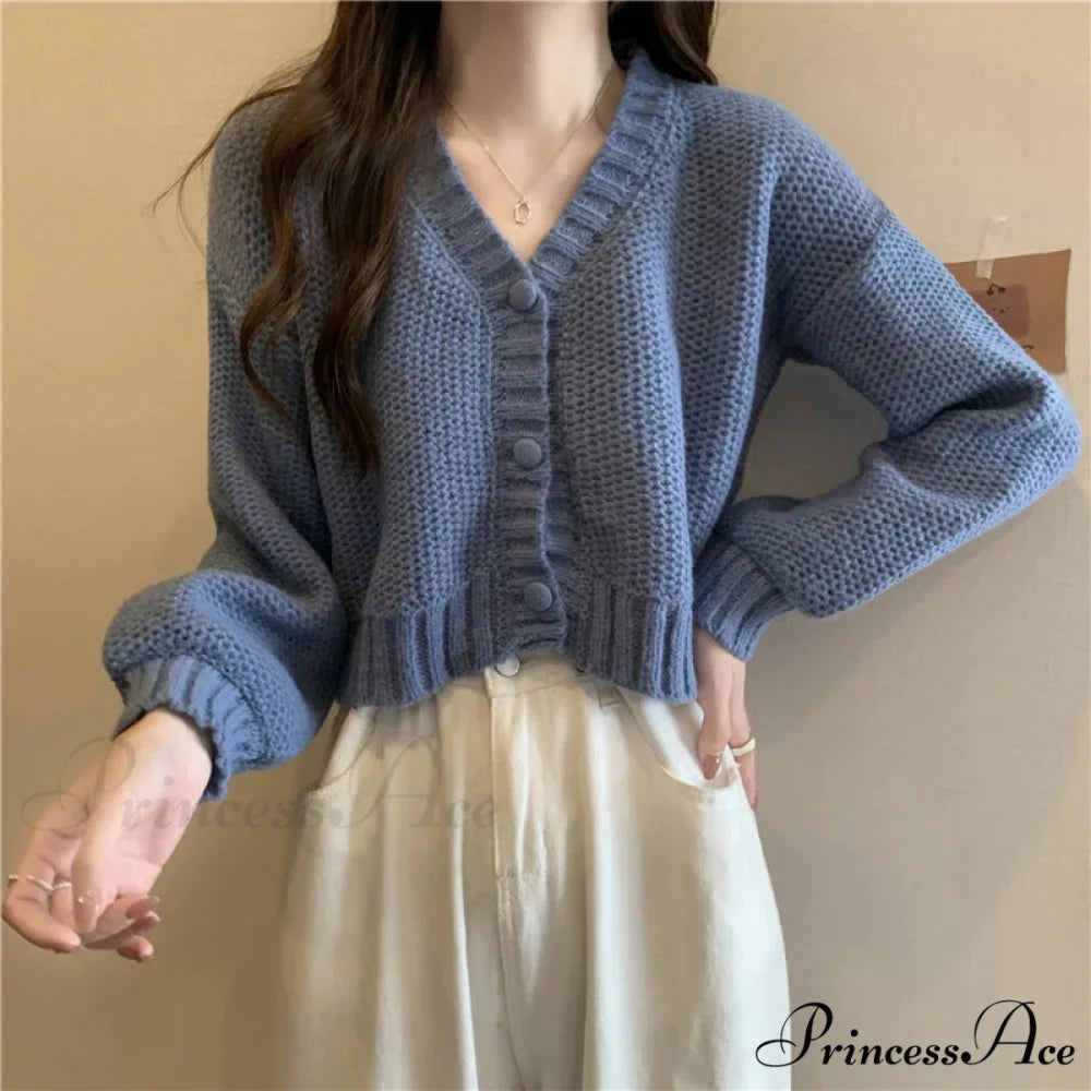 Thin Solid V-Neck Button-Up Knitted Cardigan for Women