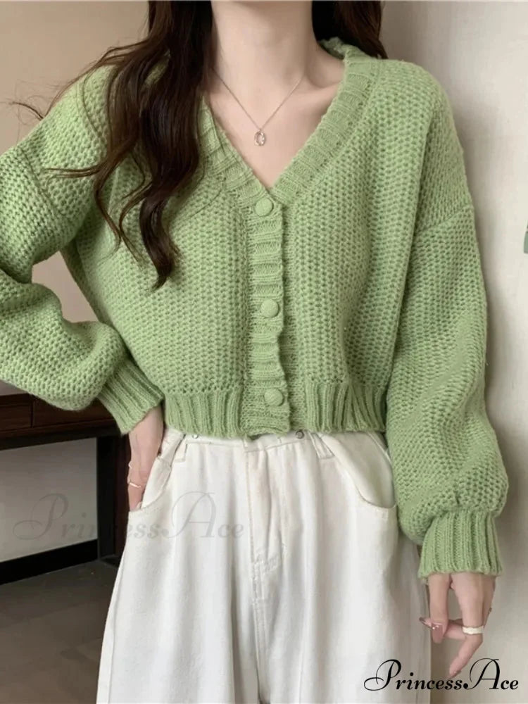 Thin Solid V-Neck Button-Up Knitted Cardigan for Women