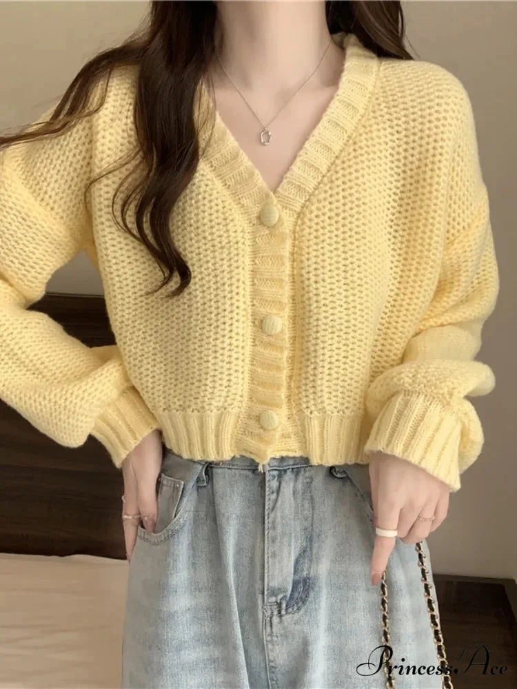 Thin Solid V-Neck Button-Up Knitted Cardigan for Women