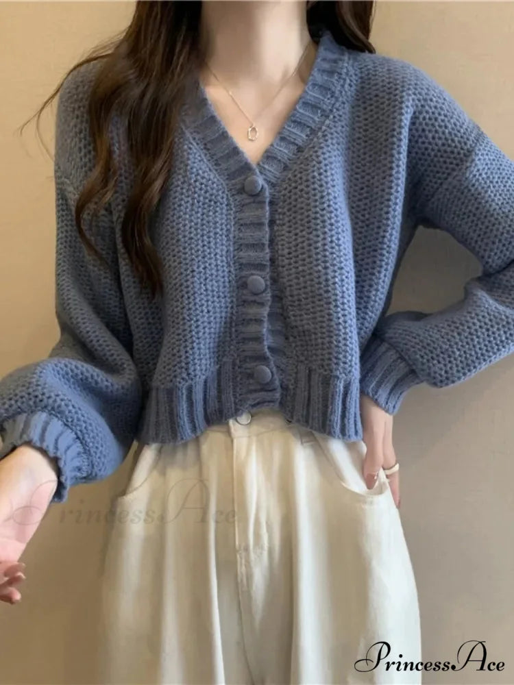 Thin Solid V-Neck Button-Up Knitted Cardigan for Women