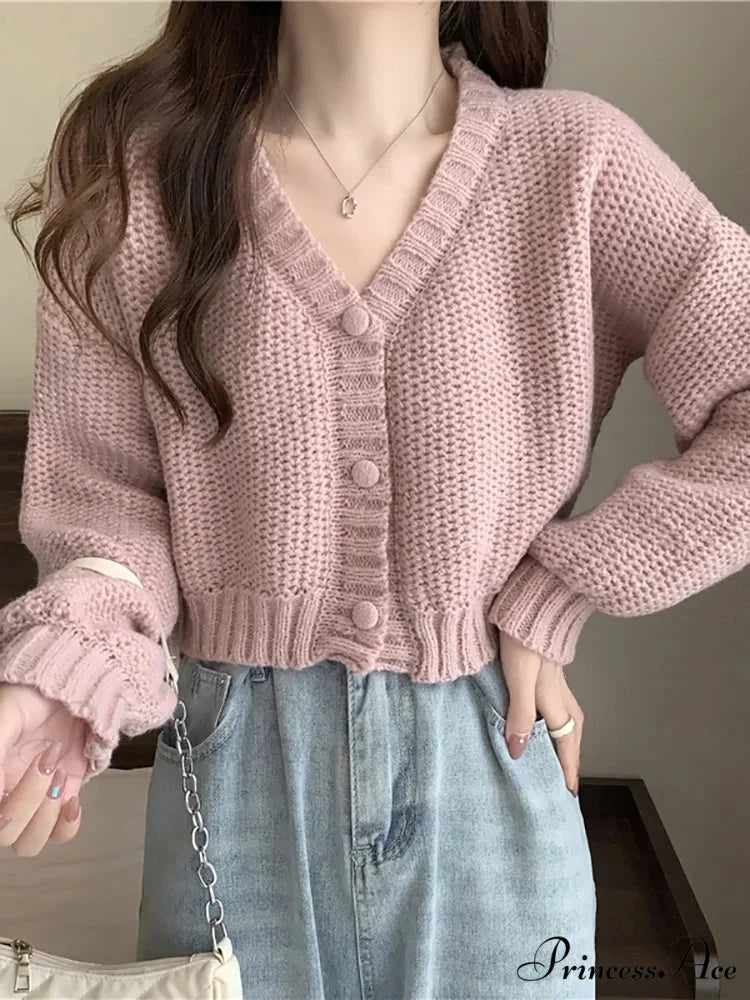 Thin Solid V-Neck Button-Up Knitted Cardigan for Women