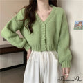 Thin Solid V-Neck Button-Up Knitted Cardigan for Women