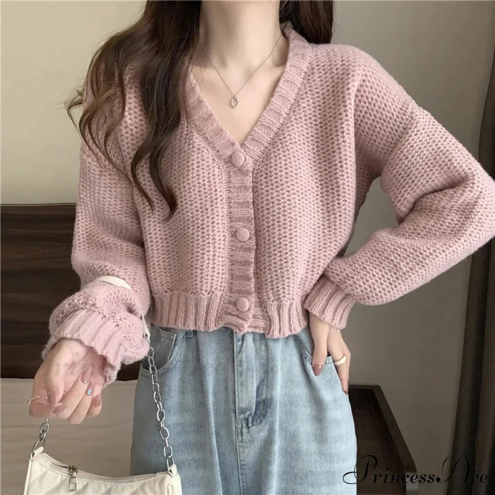 Thin Solid V-Neck Button-Up Knitted Cardigan for Women
