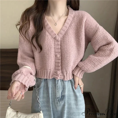 Thin Solid V-Neck Button-Up Knitted Cardigan for Women