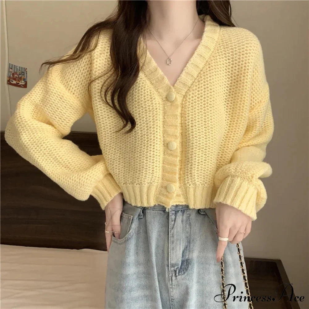 Thin Solid V-Neck Button-Up Knitted Cardigan for Women