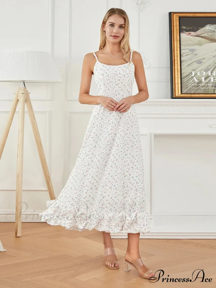 Thin Strap Frilled Long Sweet Sling Bubble Hem A-line Floral Dress