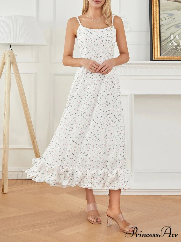 Thin Strap Frilled Long Sweet Sling Bubble Hem A-line Floral Dress