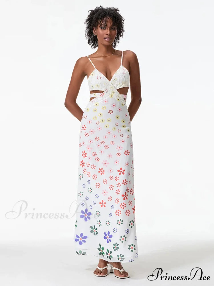 Thin Straps Sophisticated Open-Back Ribbon Crisscross Floral Dress