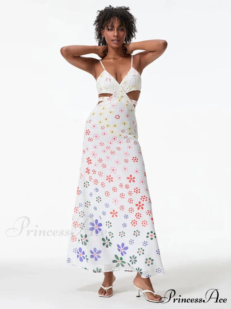 Thin Straps Sophisticated Open-Back Ribbon Crisscross Floral Dress
