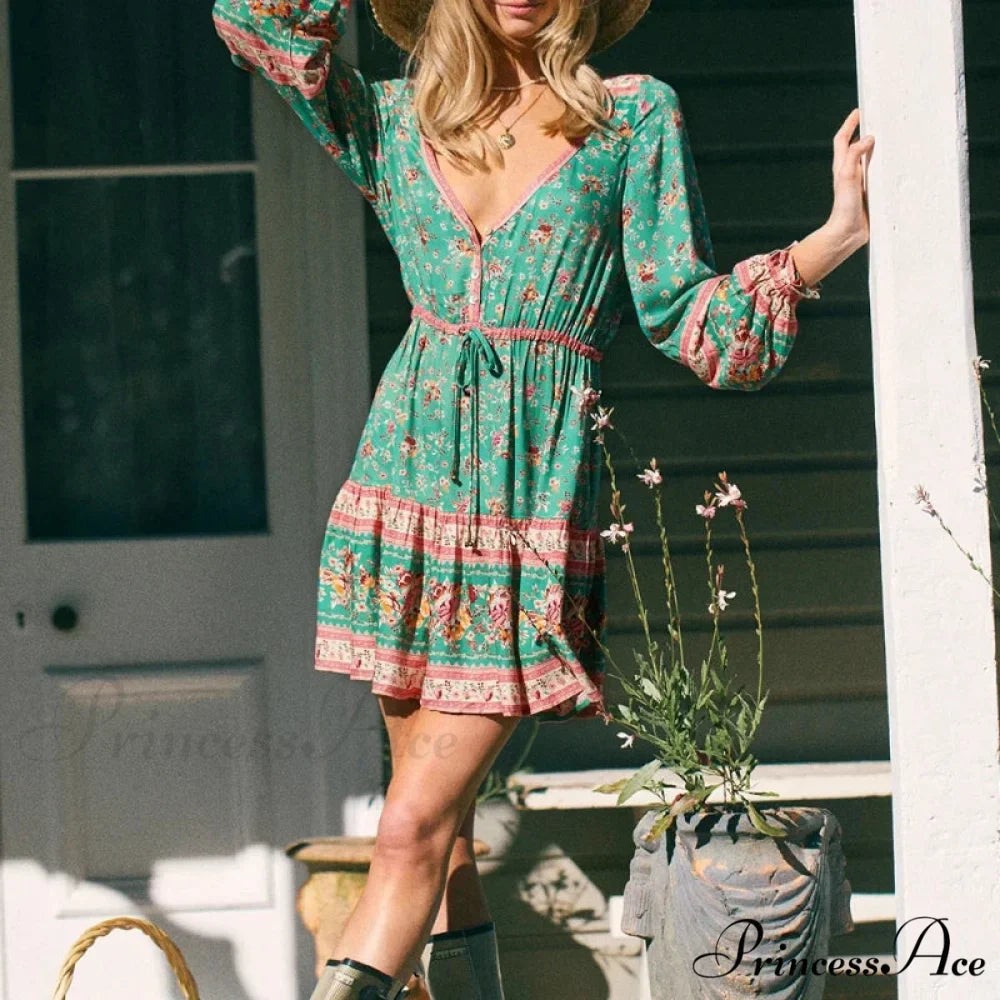 Tie Neck Flower Pattern Long Sleeve Cultural Cotton Mini Boho Dress