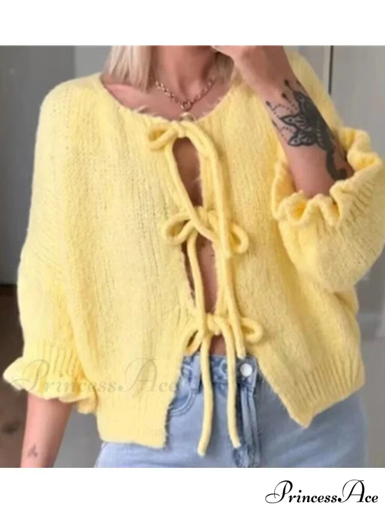 Tie-Up Flower Sleeve Chunky Knit Round Neck Cardigan