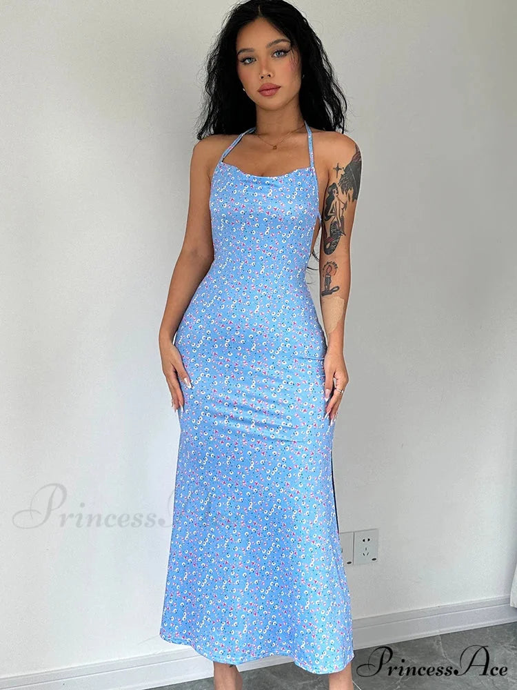 Tie-Up Halter Flower Open-Back Bodycon Dress