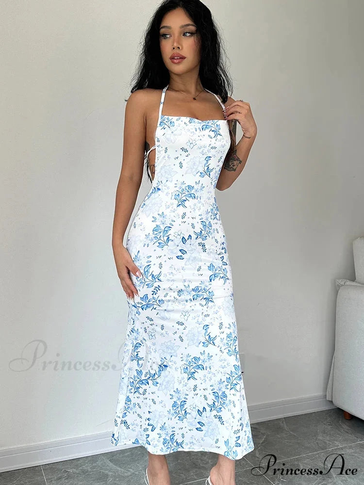 Tie-Up Halter Flower Open-Back Bodycon Dress