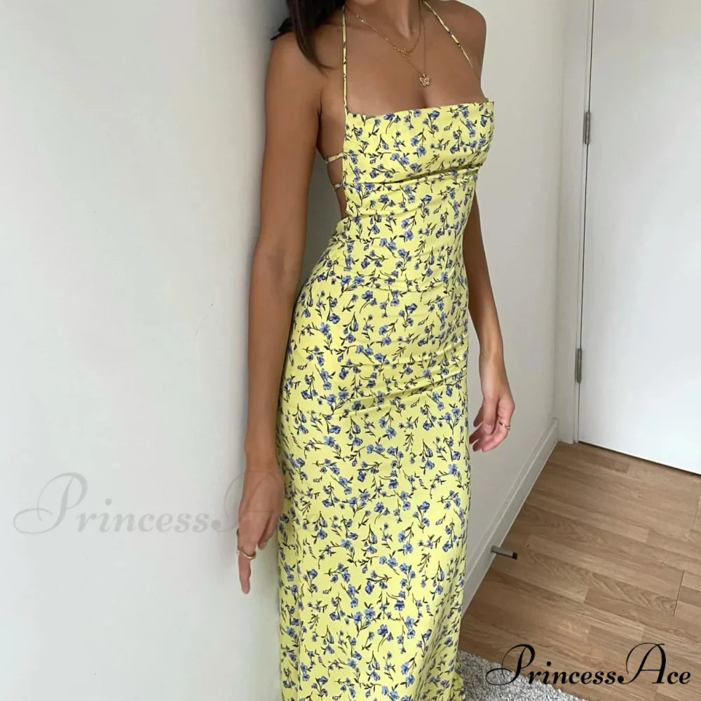 Tie-Up Halter Flower Open-Back Bodycon Dress
