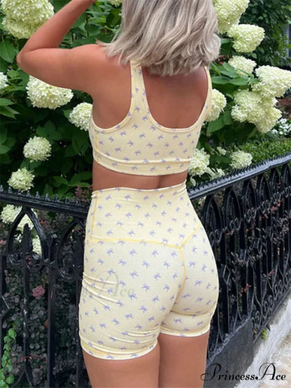 Tight Fit Fruit Bow Print Sleeveless Camis Crop Top with Bodycon Biker Shorts Set