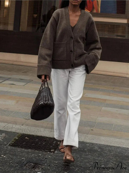 Traditional Strong Pocket V-Neck Single-Breasted Cardigan