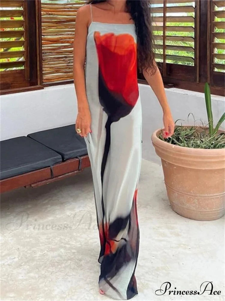 Transparent Abstract Floral Spaghetti Strap Flowy Beach Vacation Dress