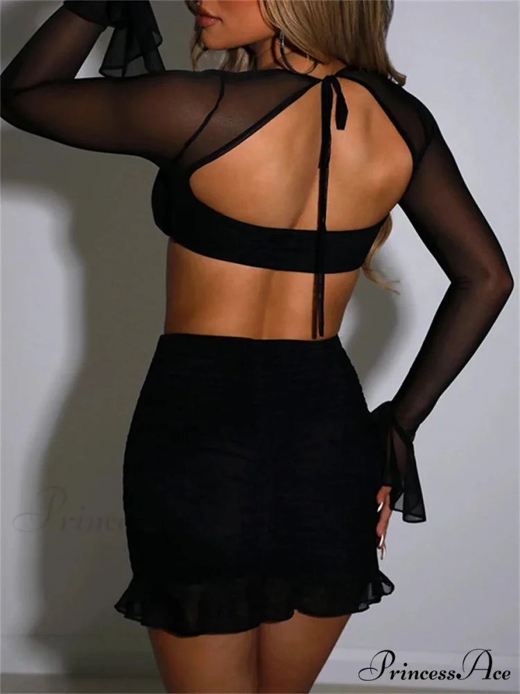 Transparent Mesh Frill Two-piece Crop Top Mini Skirt Set