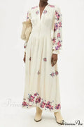 V-neck Floral A-line Lantern Sleeve Cotton Boho Dress