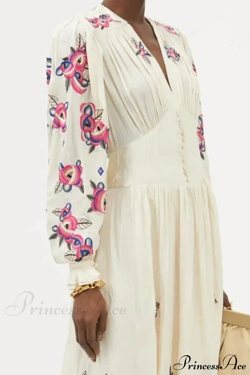 V-neck Floral A-line Lantern Sleeve Cotton Boho Dress