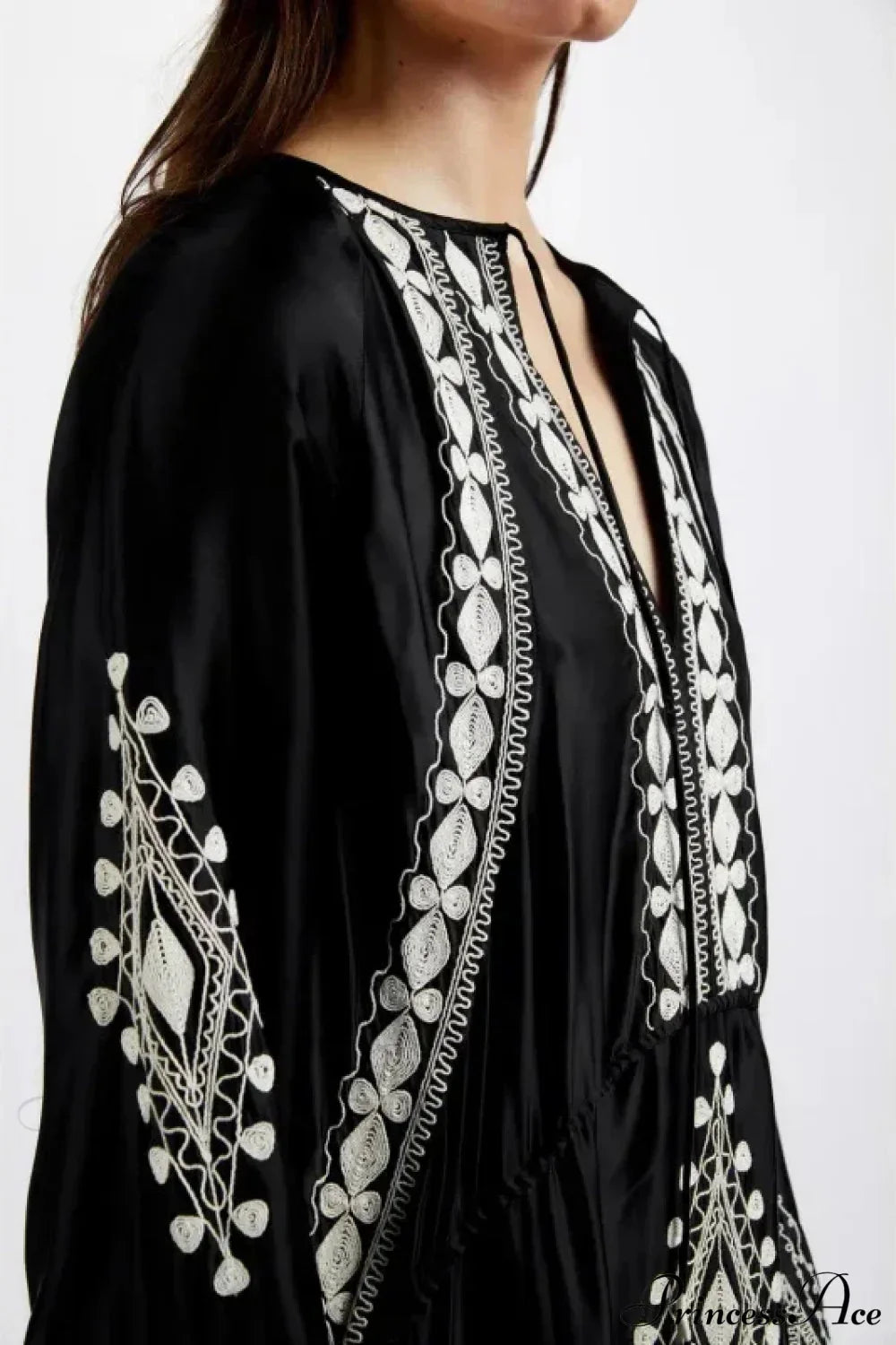 V-neck Lantern Sleeve Free Style Cotton Boho Dress