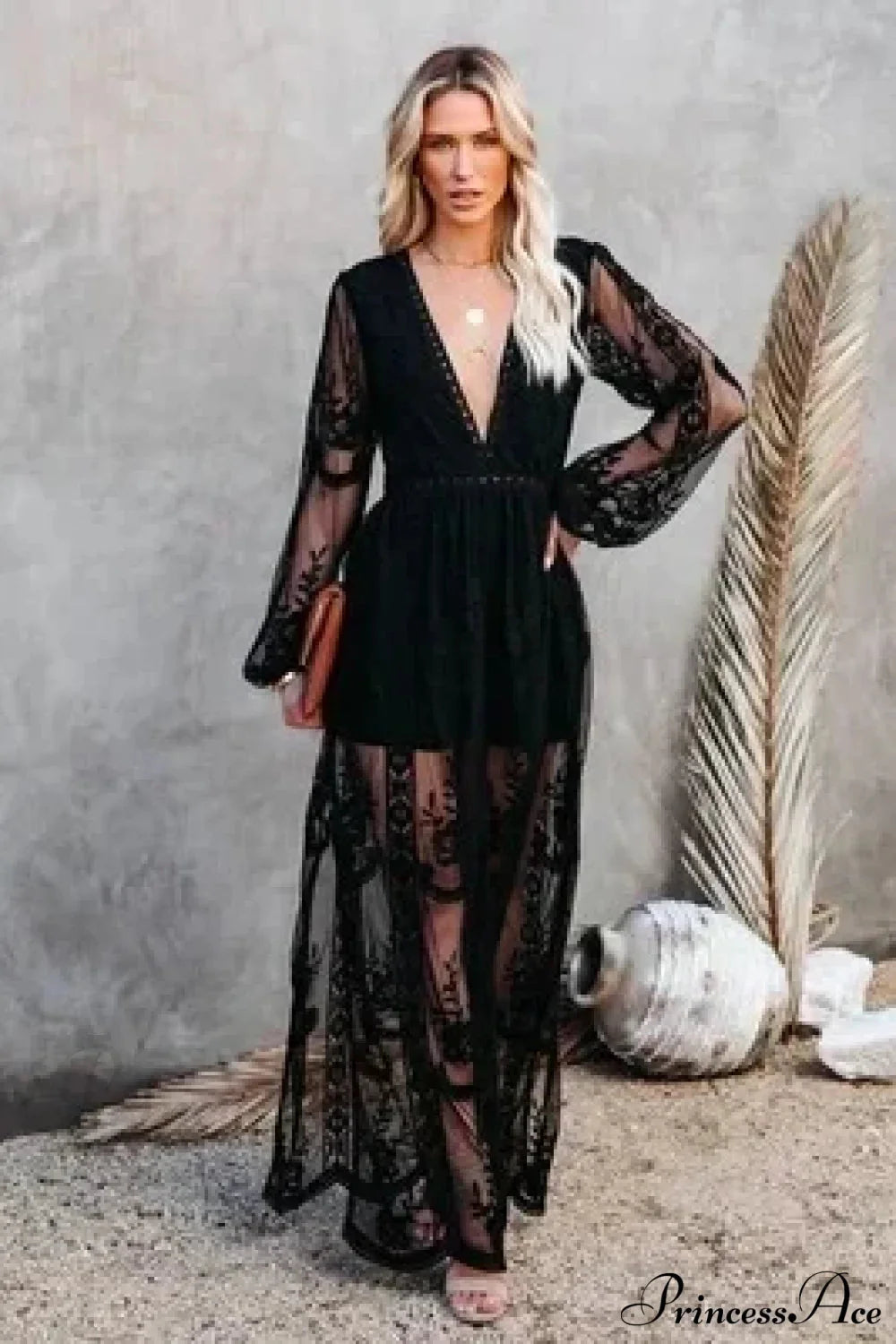 V-neck Long Sleeve Ruffles Hollow Out Maxi Boho Dress