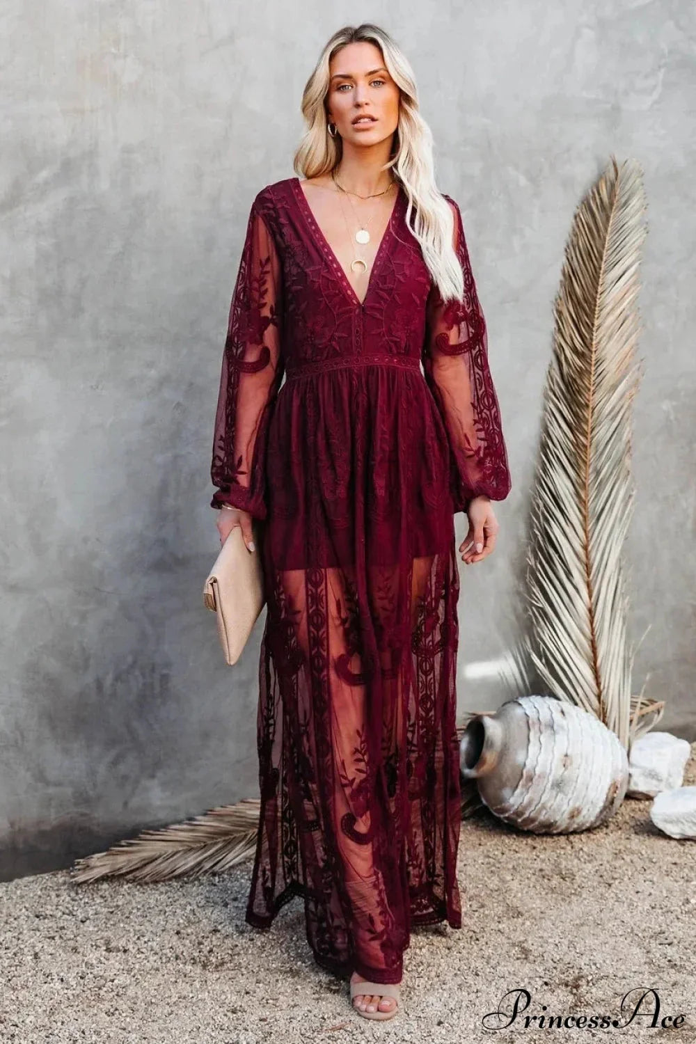 V-neck Long Sleeve Ruffles Hollow Out Maxi Boho Dress