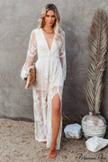 V-neck Long Sleeve Ruffles Hollow Out Maxi Boho Dress