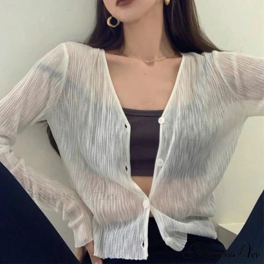 V-Neck Slim Long Sleeve Sun Protection Informal Black White Cardigan