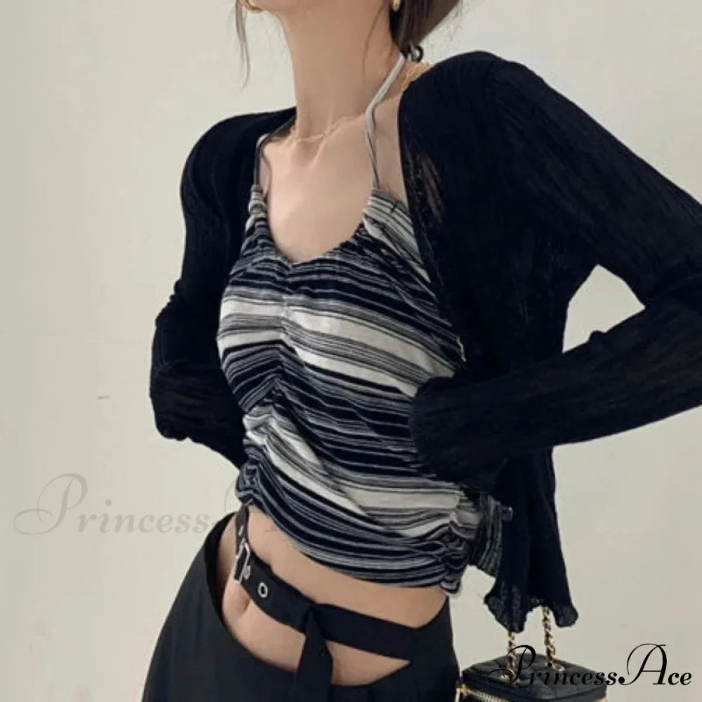 V-Neck Slim Long Sleeve Sun Protection Informal Black White Cardigan