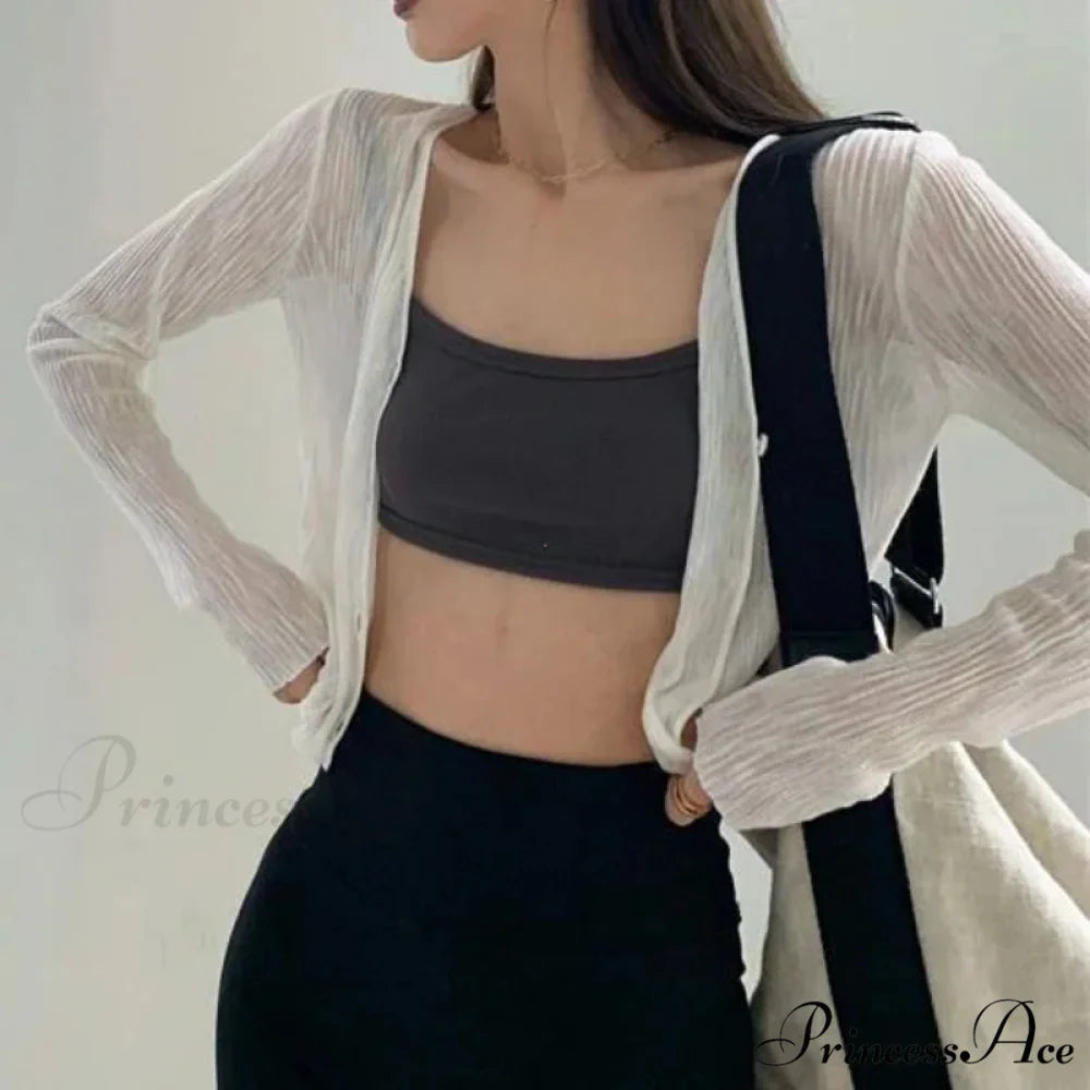 V-Neck Slim Long Sleeve Sun Protection Informal Black White Cardigan
