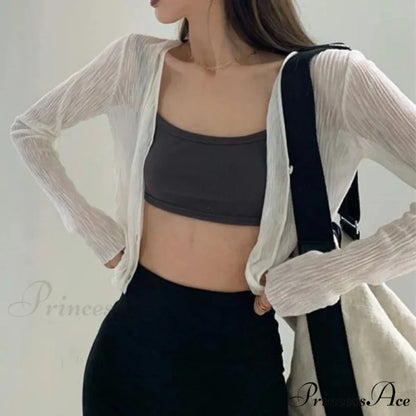 V-Neck Slim Long Sleeve Sun Protection Informal Black White Cardigan