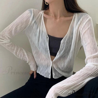 V-Neck Slim Long Sleeve Sun Protection Informal Black White Cardigan