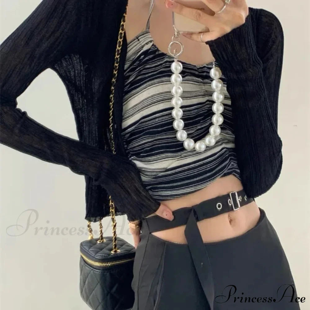 V-Neck Slim Long Sleeve Sun Protection Informal Black White Cardigan