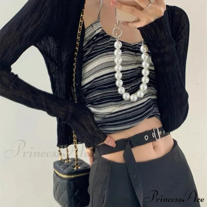 V-Neck Slim Long Sleeve Sun Protection Informal Black White Cardigan