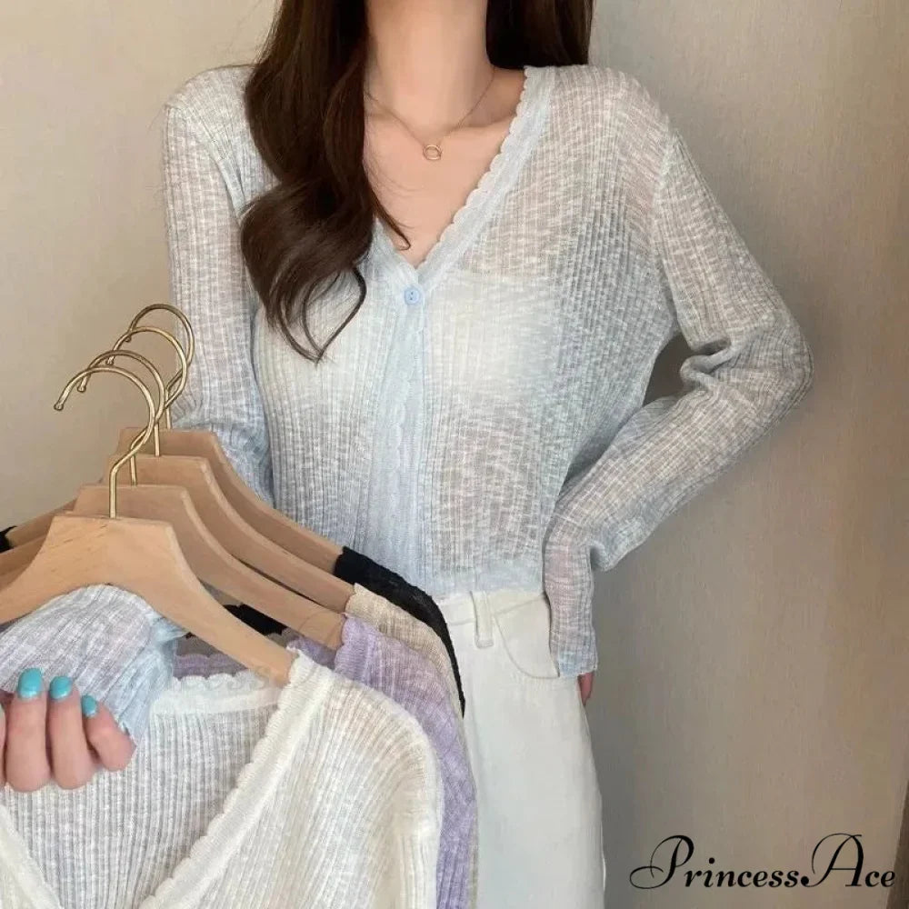 V-Neck Slim Sun Protection Korean Style Knitted Summer Cardigan