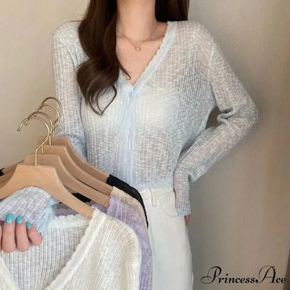 V-Neck Slim Sun Protection Korean Style Knitted Summer Cardigan