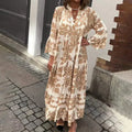Baroque Print Lantern Sleeve Button Down Tiered Boho Maxi Dress